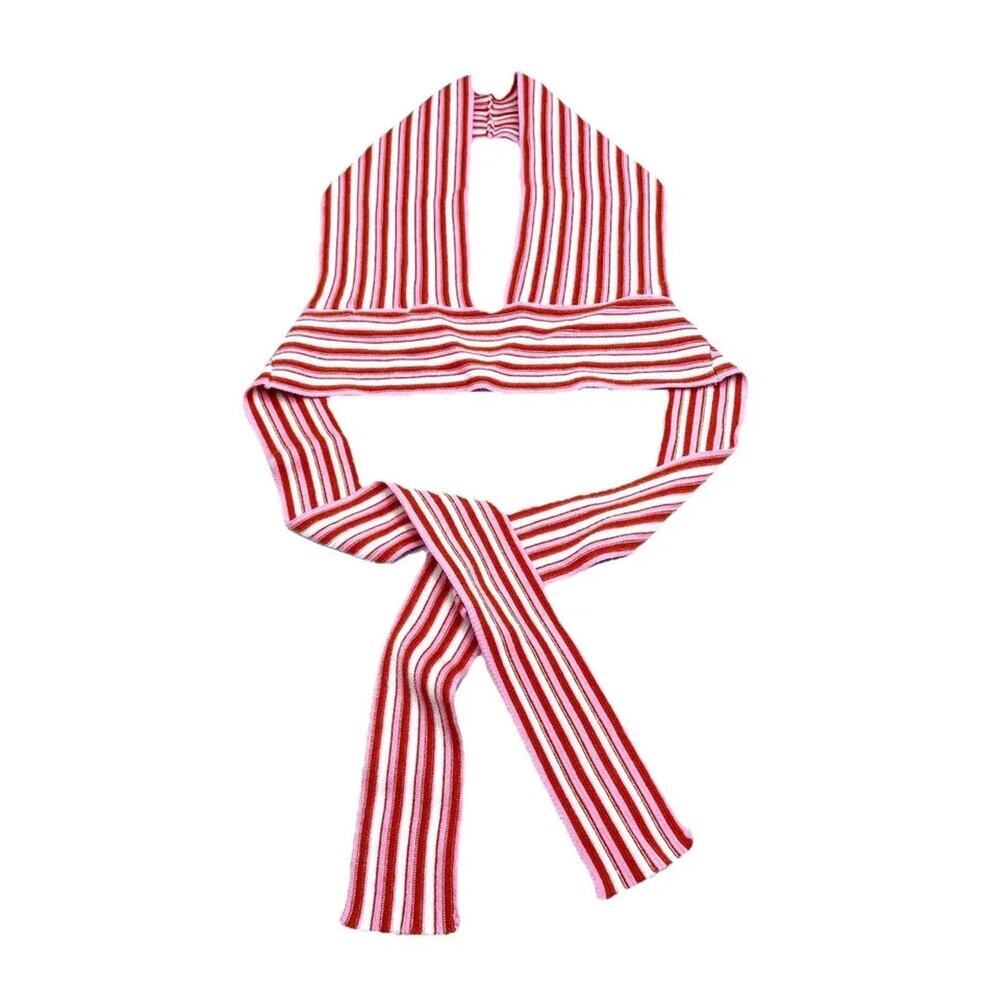 Pink Red Striped Knit Deep V Halter Crop Tank Top Womens Sz S Tie Back Sexy